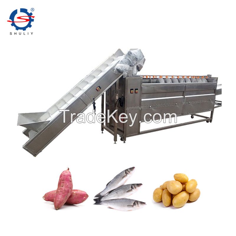 continuous brush type potato washing peeling machine with auto discharge 