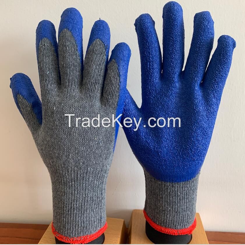10 Stitches of Grey Yarn Grey Polyester Cotton Knitted Blue Crinkle Latex Palm Coated Work Safety Gloves