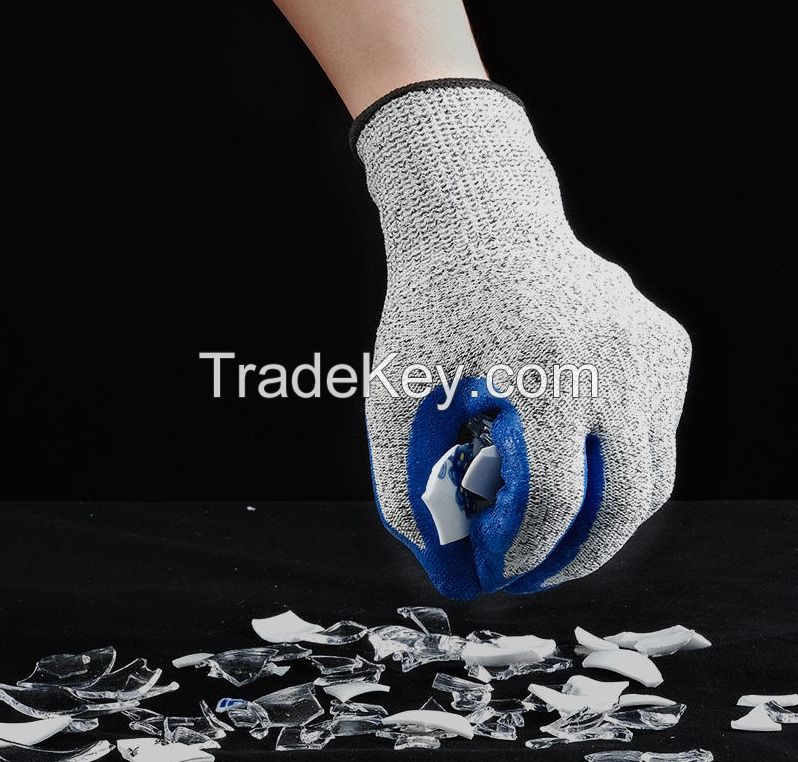 10 Stitches of Grey Yarn Grey Polyester Cotton Knitted Blue Crinkle Latex Palm Coated Work Safety Gloves