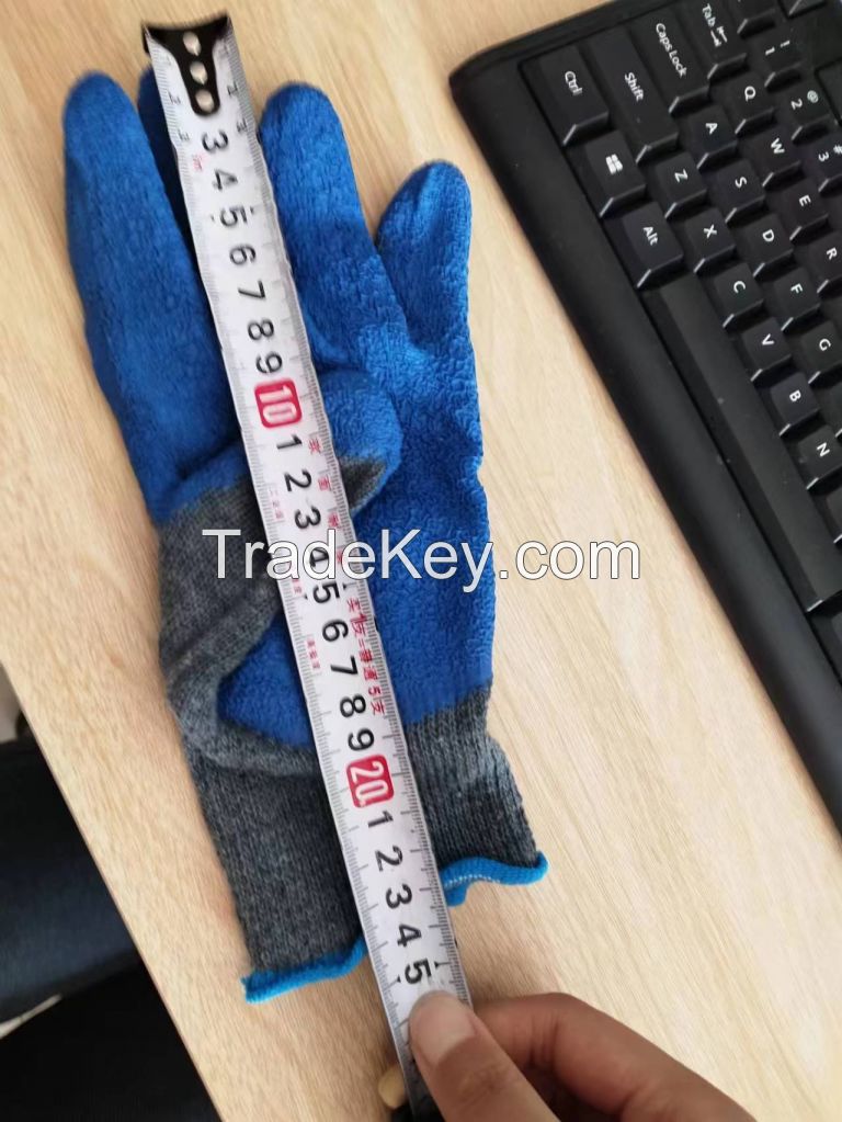 10 Stitches of Grey Yarn Grey Polyester Cotton Knitted Blue Crinkle Latex Palm Coated Work Safety Gloves
