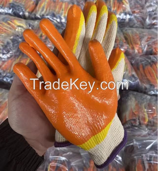 10 Gauge Orange Yellow Double Latex Palm Coated Smooth Finish Safety Work Gloves Fingertips Reinforced