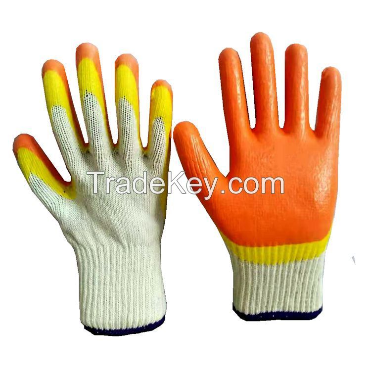 10 Gauge Orange Yellow Double Latex Palm Coated Smooth Finish Safety Work Gloves Fingertips Reinforced