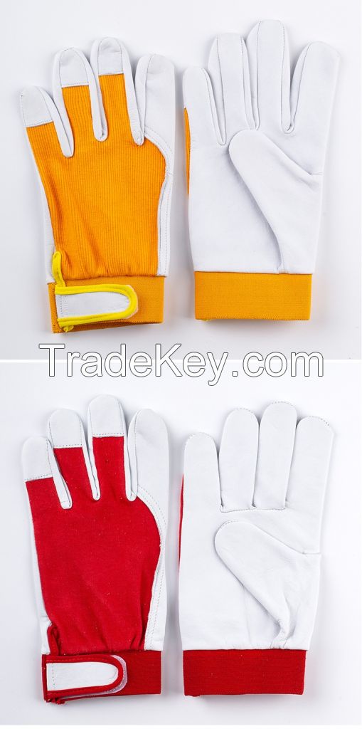 Top-grain sheepskin semi-leather gloves, breathable striped elastic fabric, labor protection, electric welding and gardening gloves