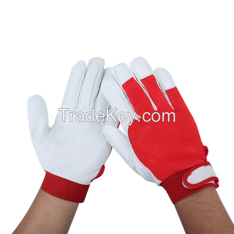 Top-grain sheepskin semi-leather gloves, breathable striped elastic fabric, labor protection, electric welding and gardening gloves