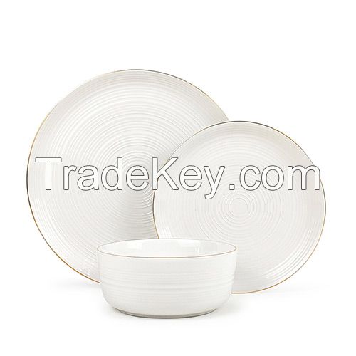 12 pc Embossed White Porcelain Tableware With Gold Rim
