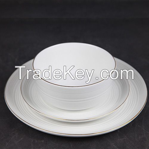 12 pc Embossed White Porcelain Tableware With Gold Rim