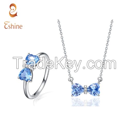 Blue Topaz Heart Bow Silver Ring &amp; Pendant Necklace Jewelry Set