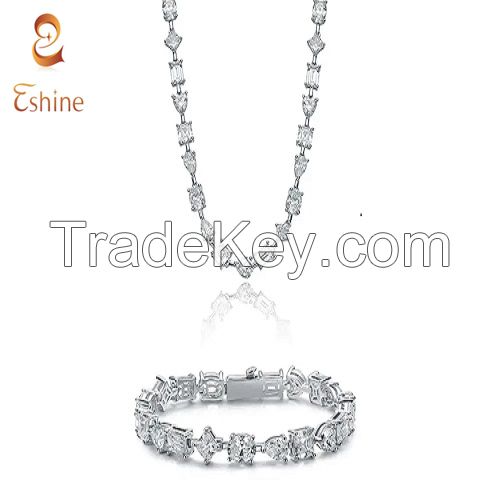 Multi Shape Cubic Zirconia Statement Tennis Chain Necklace &amp; Bracelet Jewelry Set