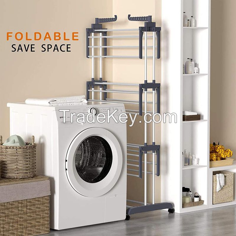 Multifunctional Stainless Steel Three Rail Clothes Drying Rack With Four Wheels Stand