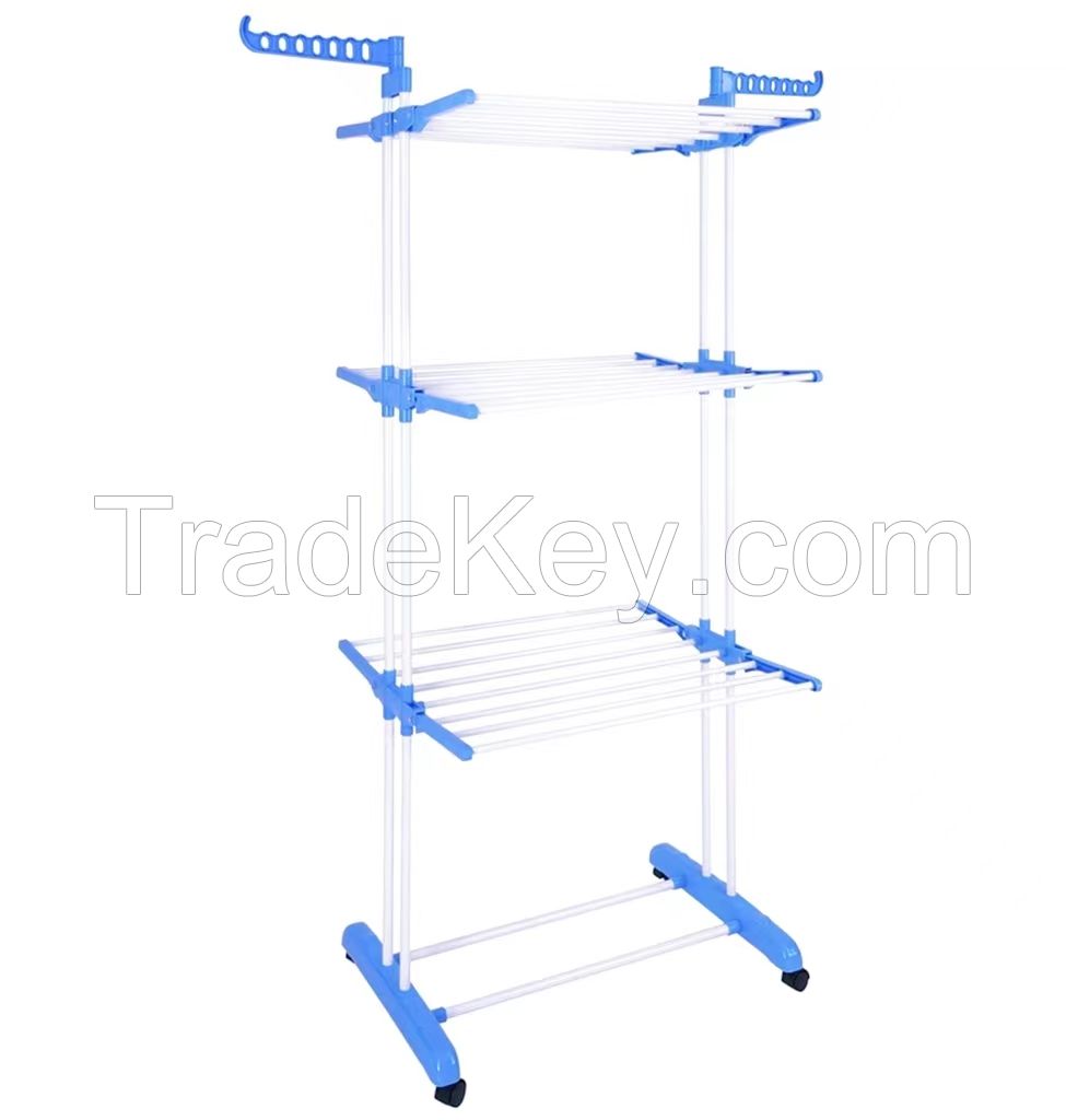 Multifunctional Stainless Steel Three Rail Clothes Drying Rack With Four Wheels Stand