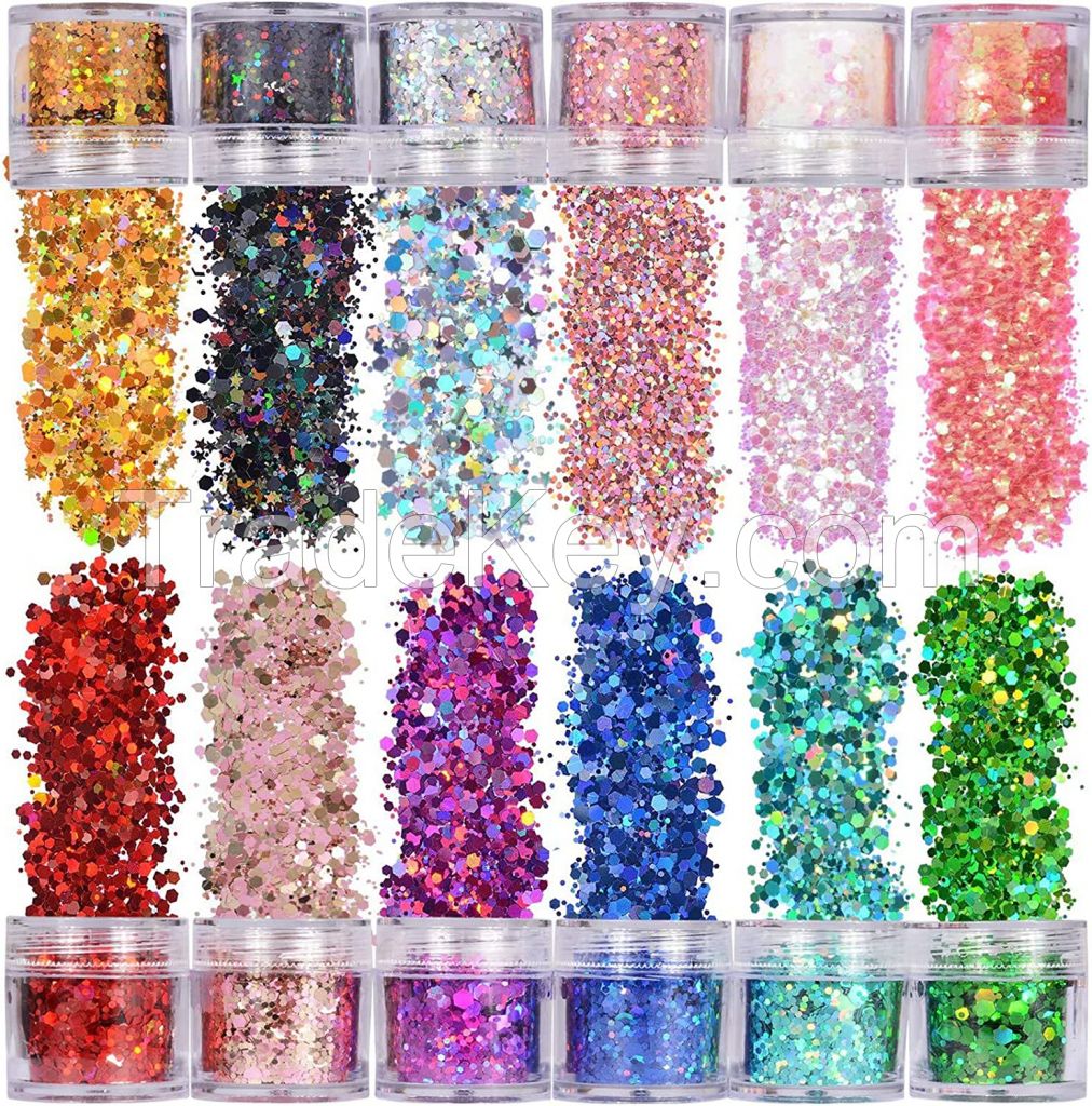 Fine Glitter 12 color suit, Festival Rave accessories Body flash nail enhancement, face, hair, eye shadow, eyes, clothes, women's ultra-thin makeup sequins