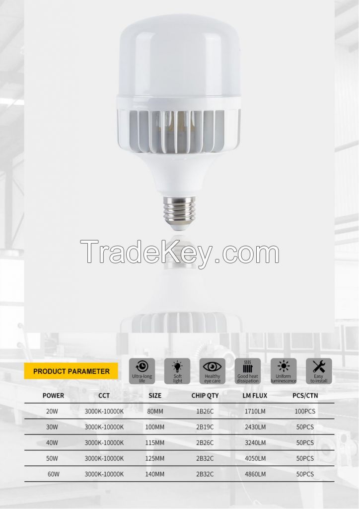  Factory Direct LED Light LED Die-Casting Aluminum E27/E26 IC T Bulb 20W 30W 40W 50W 60W 70W 80W for Indoor Lighting