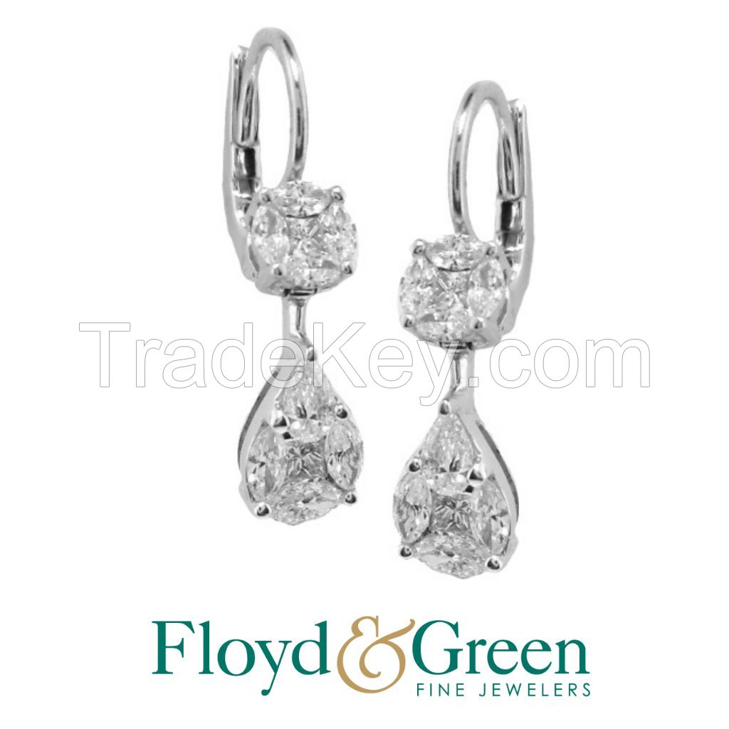 Diamond Round And Pear Cluster Dangle Earrings
