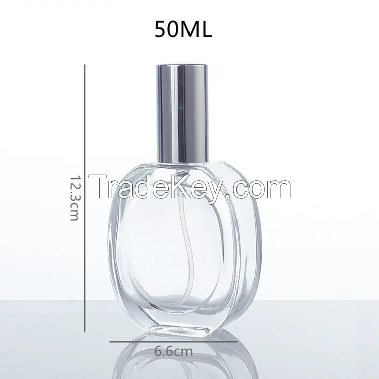 50ml Transparent Oval Shape Perfume Bottle Mist Spray Top Glass Bottle with Golden Sliver Lid