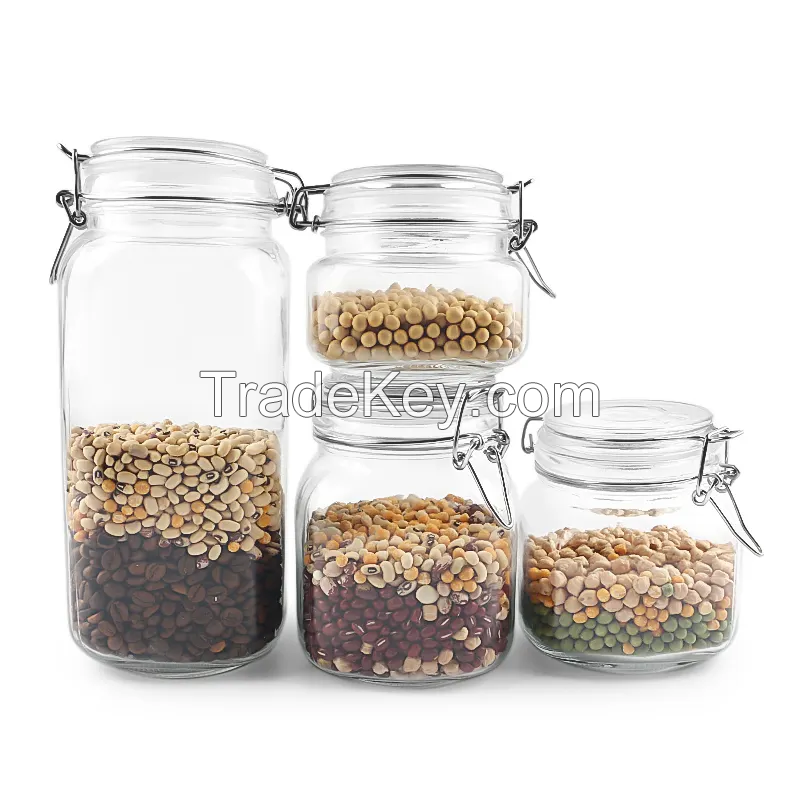 500ml 750ml 1000ml 2000ml Clear Round Food Storage Hermetic Glass Clip Jar for Canned Food Coarse Cereals with Clip Top