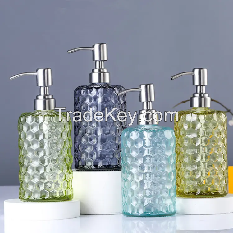 500ml Round Honeycomb Shape Embossed Green Blue Yellow Purple Shampoo Body Lotion Hand Wash Liquid Glass Bottle with Pump