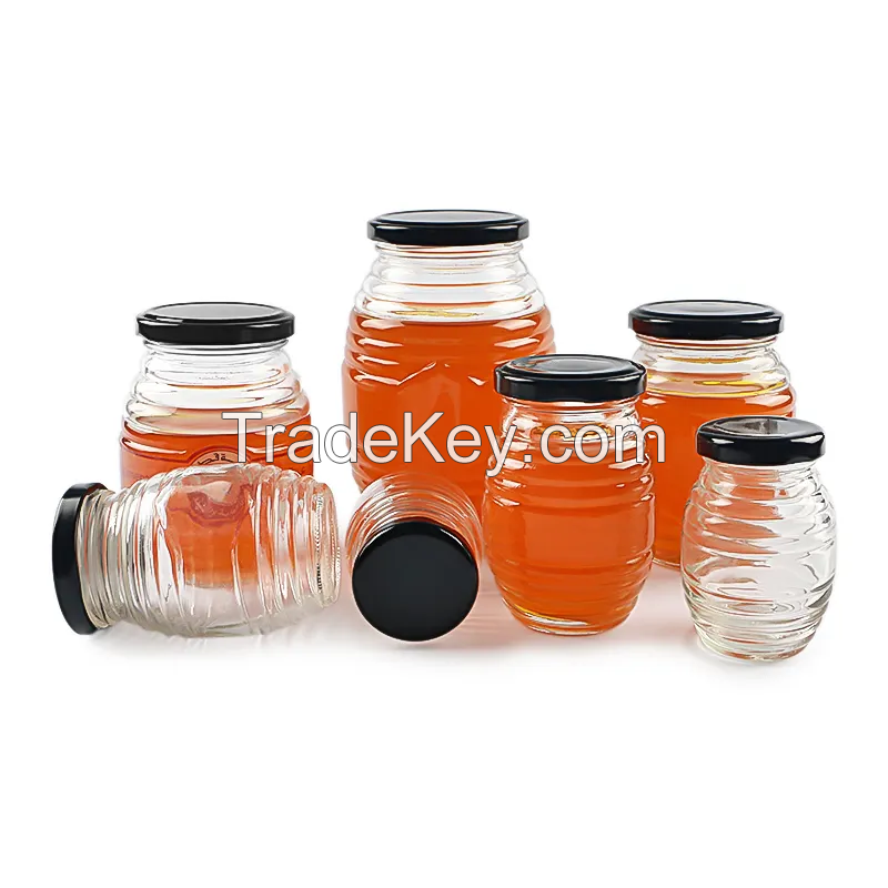 150g 250g 500g 1000g Transparent Oval Shape Horizontal stripe embossing Honey Glass Jar with Metal Lid