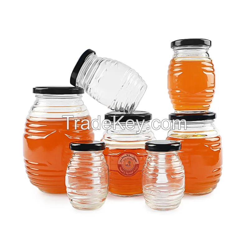 150g 250g 500g 1000g Transparent Oval Shape Horizontal stripe embossing Honey Glass Jar with Metal Lid