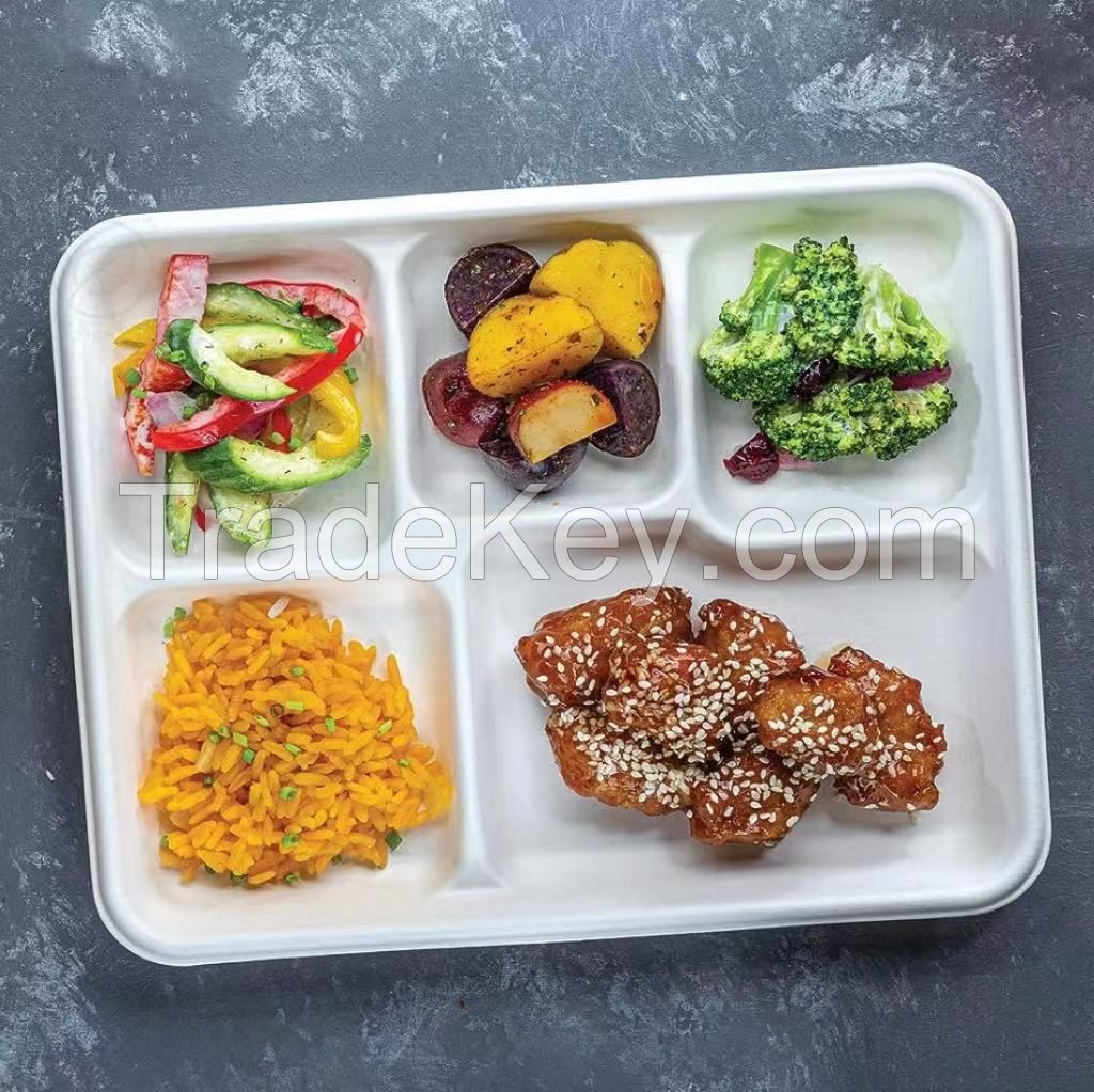 5 Compartment Compostable Fast Food Buffet Plate &amp; Tray For Main Course, Three Sides And Dessert Disposable Biodegradable Tableware Bagasse Tray