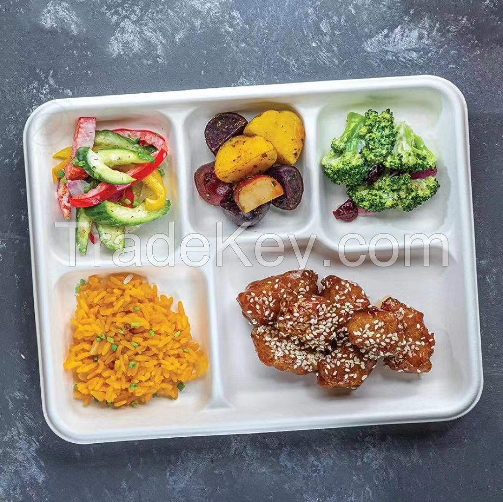 5 Compartment Compostable Fast Food Buffet Plate & Tray For Main Course, Three Sides And Dessert Disposable Biodegradable Tableware Bagasse Tray