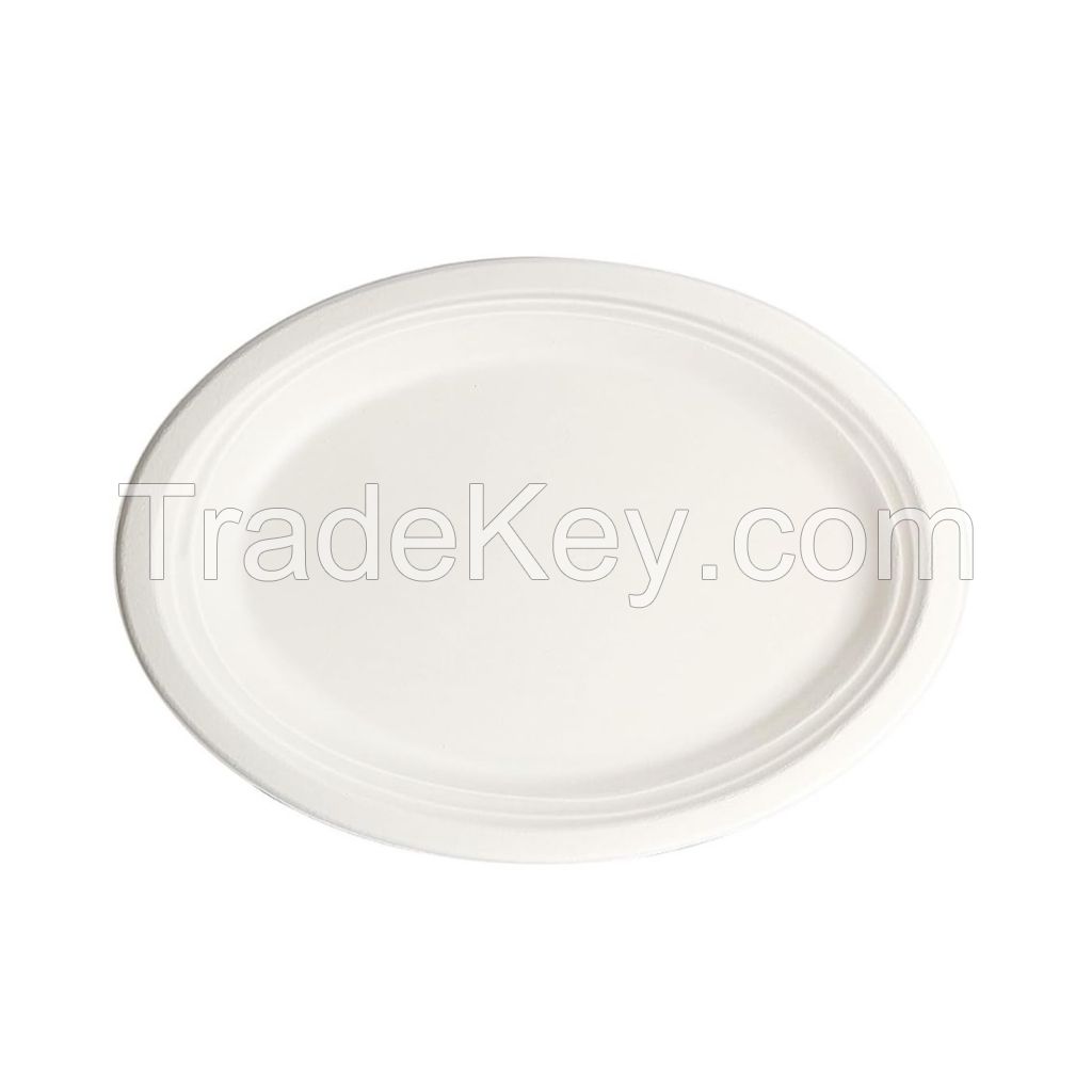 10.25x7.75" Customizable Oil And Waterproof Biodegradable Compostable Bagasse Oval Plates (500 Pcs/Case)