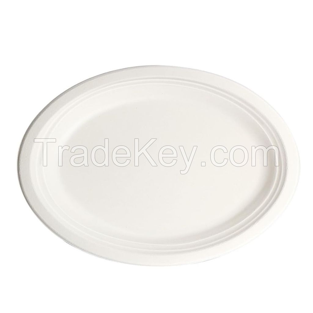 12.5x10 Inches Thick Design Compostable Heavy Duty Biodegradable Sugar Cane Food Plate Oval Plate (500 Pcs/Case)
