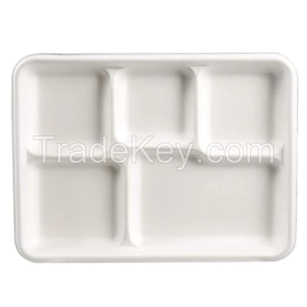 5 Compartment Compostable Fast Food Buffet Plate & Tray For Main Course, Three Sides And Dessert Disposable Biodegradable Tableware Bagasse Tray