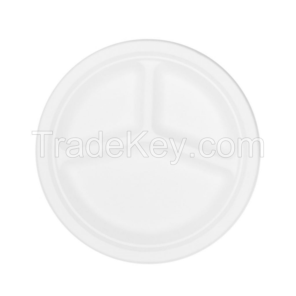 9-Inch 3-Compartment Environmentally Friendly Food Packaging Biodegradable Bagasse Disposable Discs (500 Pcs/Box)
