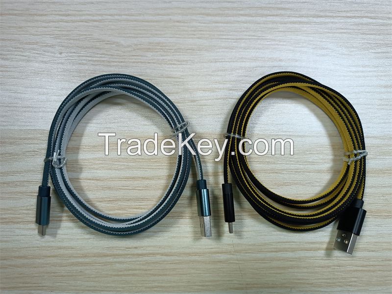 two-tone flat fabric braided  USB-A to type C cable