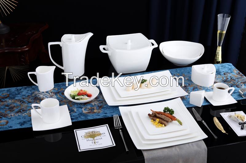 New Bone China In-glaze Pure White Dinnerware Set with Slash Relievo Decoration