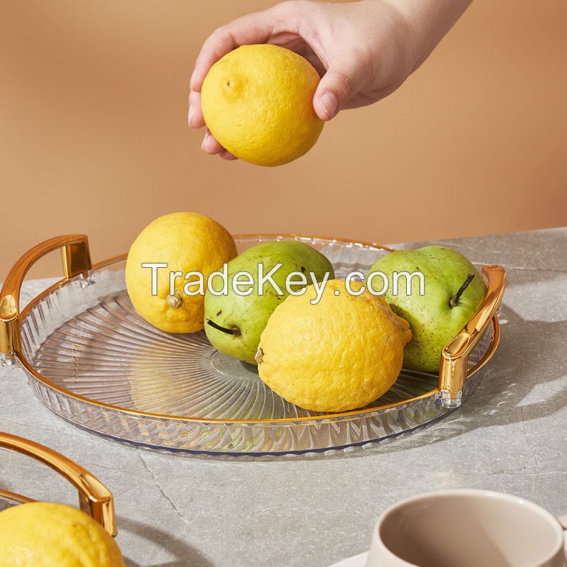 Decorative Tray with Handle, Round Plastic Serving Tray Perfume Holder Fruit Snack Tray Countertop Storage Tray for Living Room, Dining, Kitchen, Bathroom (Golden)