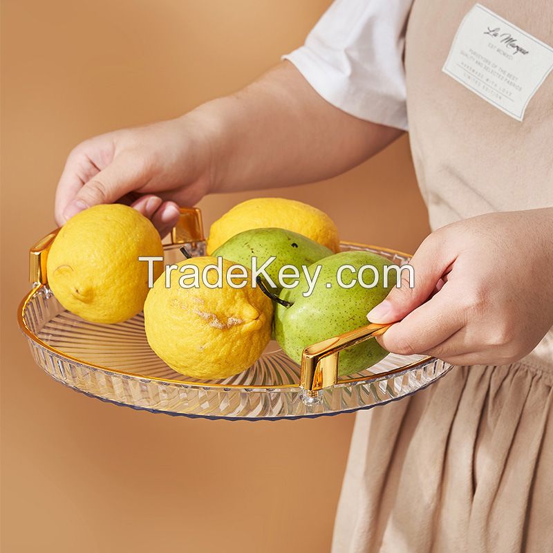 Decorative Tray with Handle, Round Plastic Serving Tray Perfume Holder Fruit Snack Tray Countertop Storage Tray for Living Room, Dining, Kitchen, Bathroom (Golden)