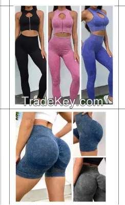 Fitness 2 Piece Booty Gym Tights Workout Clothes Women′s Scrunch But Leggings Seamless Set