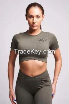 Ladies seamless sportswear gym wear yoga wear fitness wear active sport short sleeve top