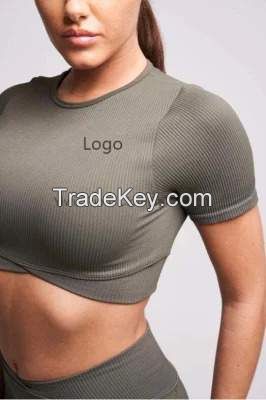 Ladies seamless sportswear gym wear yoga wear fitness wear active sport short sleeve top