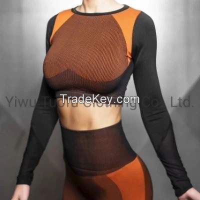 Ladies seamless sporgs wear gym wear yoga wear fitness and active wear sport long sleeve crop top