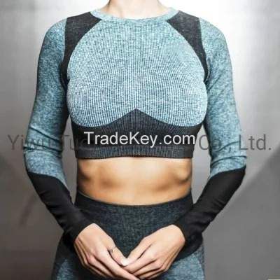 Ladies seamless sporgs wear gym wear yoga wear fitness and active wear sport long sleeve crop top