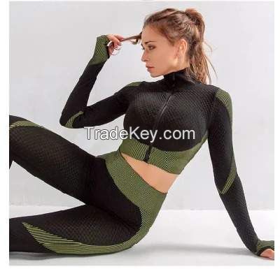 Women Gym Wear Fitness Clothing Workout High Waist Long Sleeve and Legging Yoga Sports Set