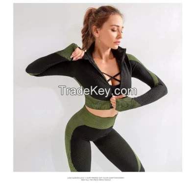 Women Gym Wear Fitness Clothing Workout High Waist Long Sleeve and Legging Yoga Sports Set