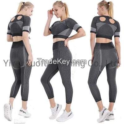 2 Piece High Waisted Solid Sports Shorts Top Fitness Seamless Yoga Suit Athletic Wear