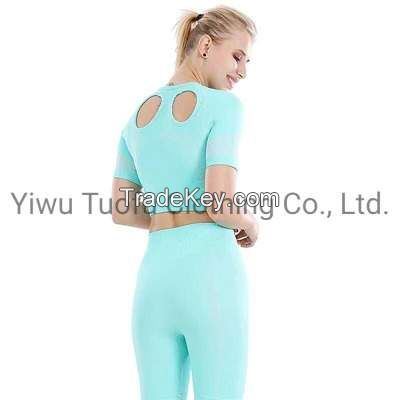 2 Piece High Waisted Solid Sports Shorts Top Fitness Seamless Yoga Suit Athletic Wear