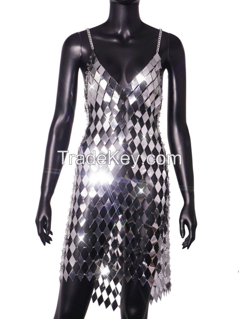 Handmade V-neck Backless PVC Sequin Chain Mirror Suspender Dress