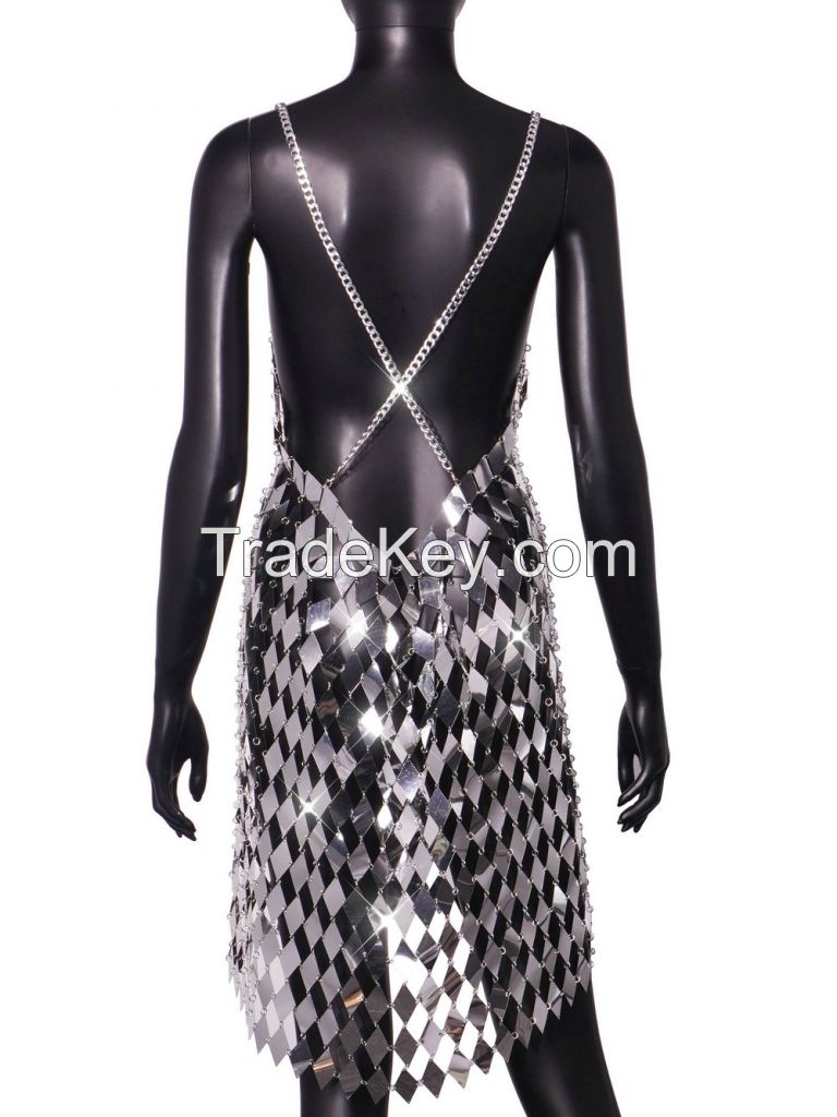 Handmade V-neck Backless PVC Sequin Chain Mirror Suspender Dress