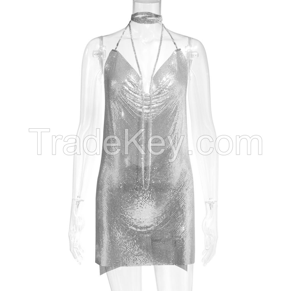 Handmade Shining Metallic Sequin Dress Sexy Rhinestone Party Wear