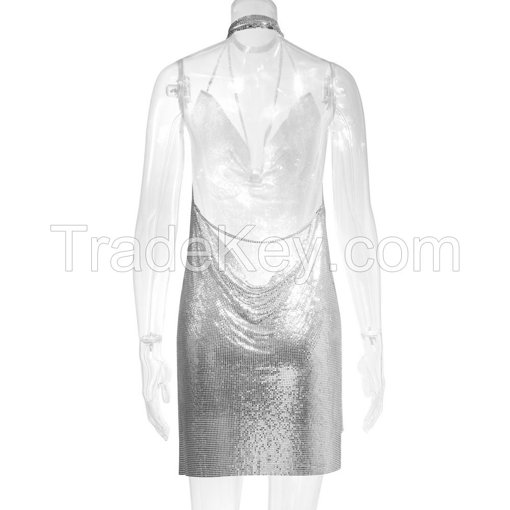 Handmade Shining Metallic Sequin Dress Sexy Rhinestone Party Wear