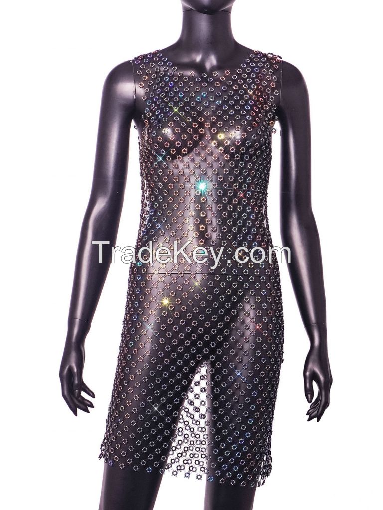 Handmade Sequin Hollow Out Rhinestones Mesh Sexy Party Dress