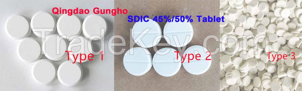 SDIC 45% 50% (Sodium dichloroisocyanurate Dihydrate) in tablets by 1 g, 3.1 g, 3.3 g / CAS #: 51580-86-0