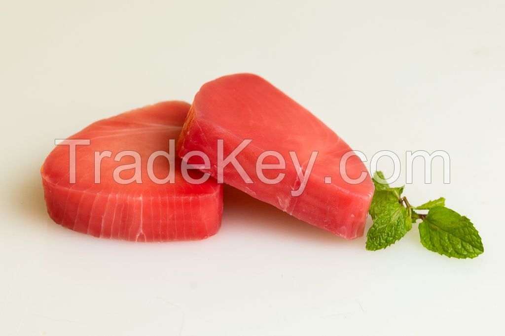 Yellowfin Tuna Steaks, 8 oz, IQF and individually vacuum packed. With a firm, lean texture and a mild, meaty flavor.