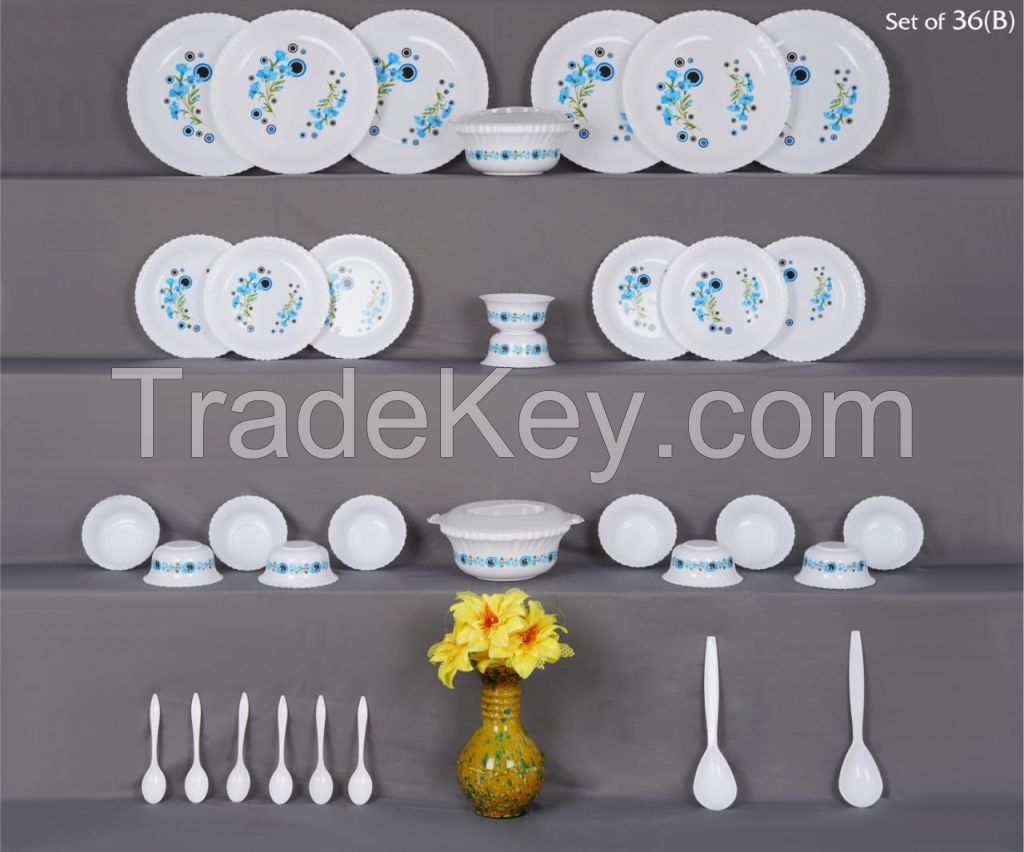 Unbreakable Dinner Set Gift Item Plastic Light Weight of 32 pcs Exclusive and Microwave Safe, Printed Round Flourish Pieces Safe Print May Very (Dinner Pack Pcs32 - Multi Color)