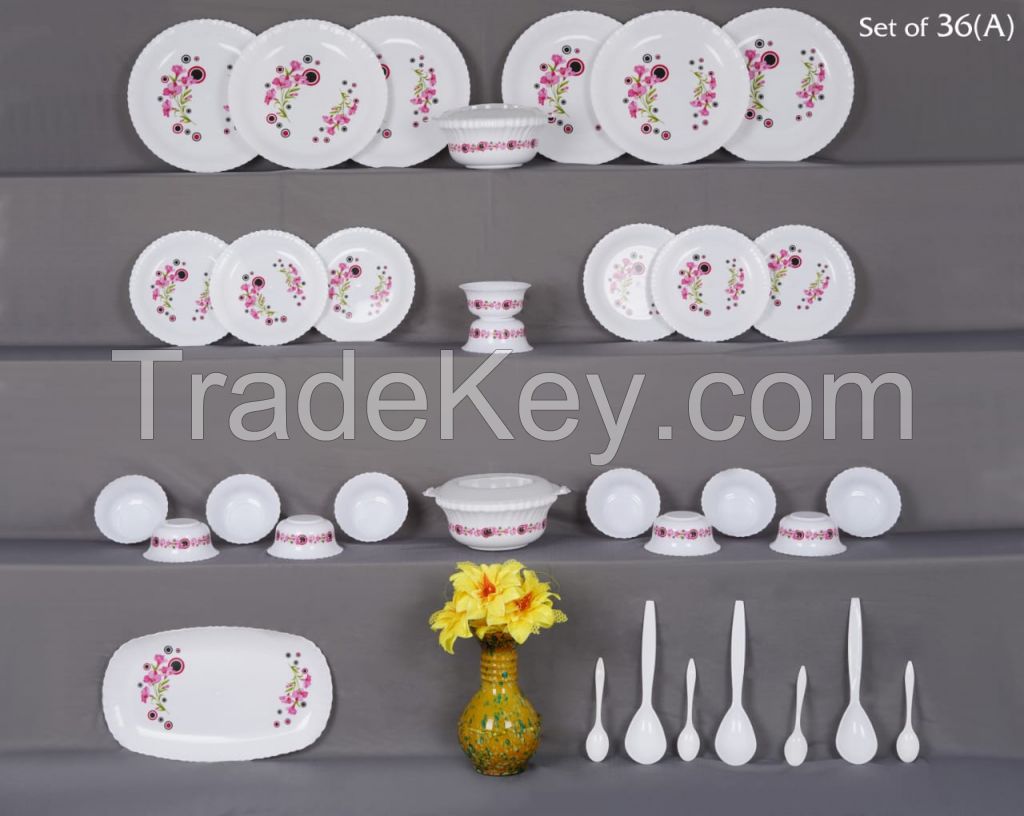 Unbreakable Dinner Set Gift Item Plastic Light Weight of 32 pcs Exclusive and Microwave Safe, Printed Round Flourish Pieces Safe Print May Very (Dinner Pack Pcs32 - Multi Color)